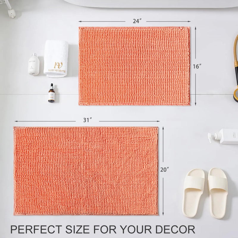 Civkor Bath Mat Rug, Comfy Chenille Non Slip Bathroom Mats Rugs with Soft & Absorbent Shag, Machine Washable, Bath Rug for Bathroom Set of 2, Light Orange/Coral, 31x20 and 24x16 Inch - Image 2